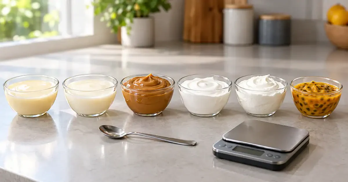 Dessert ingredients and alternative creams beside kitchen scales