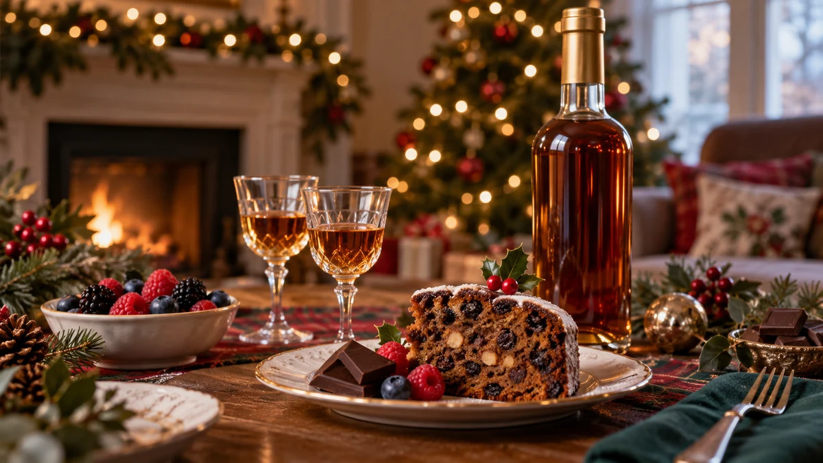 Dessert wine with fruit cake berries and chocolate Dessert wine with fruit cake berries and chocolate