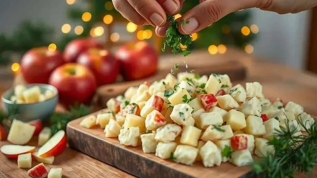 Diced apple and creamy potato salad garnished with herbs