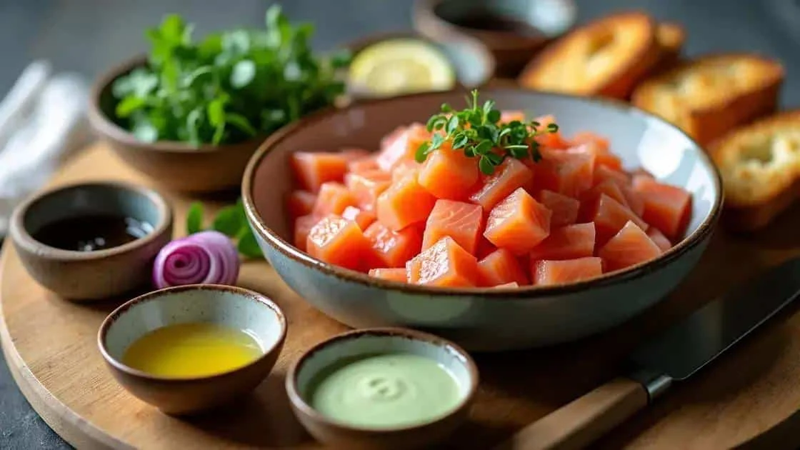 Diced salmon with separate tartare seasoning ingredients Diced salmon with separate tartare seasoning ingredients