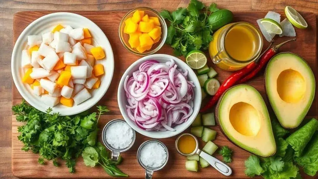 Diced white fish, mango, red onion and lime for ceviche