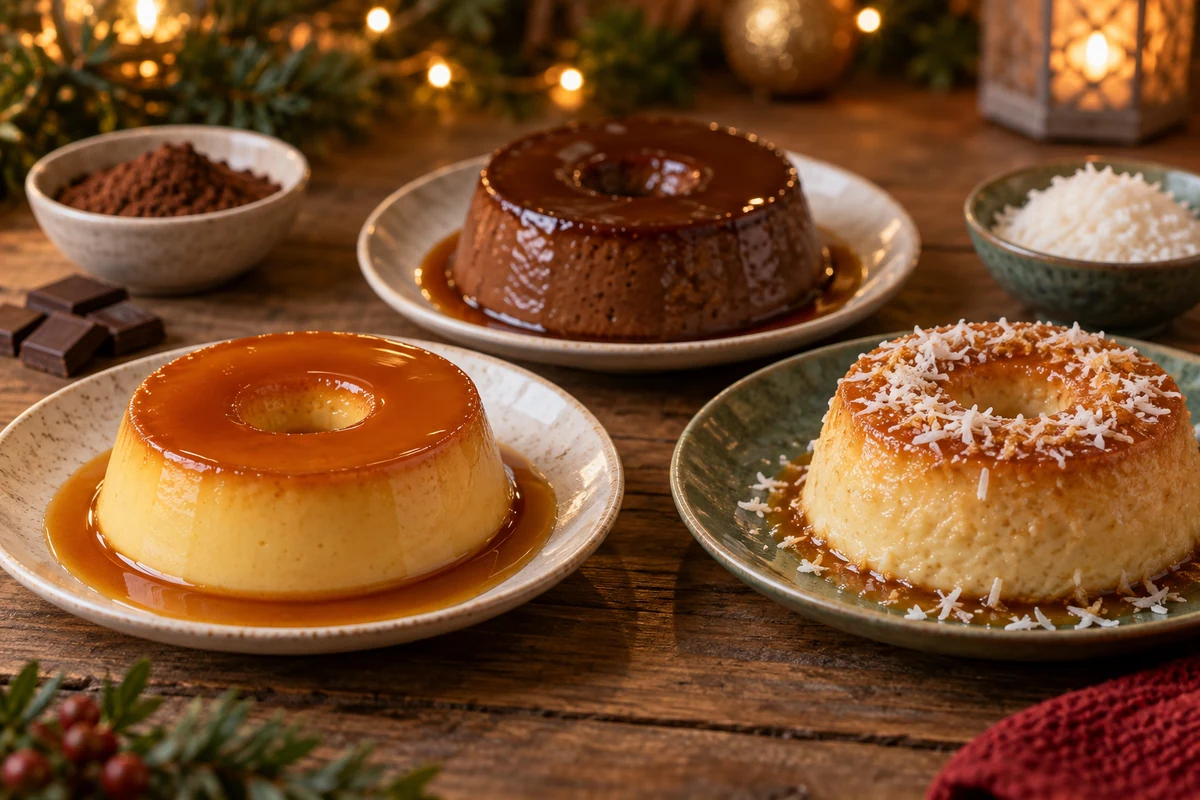 Different flavours of Brazilian caramel flan