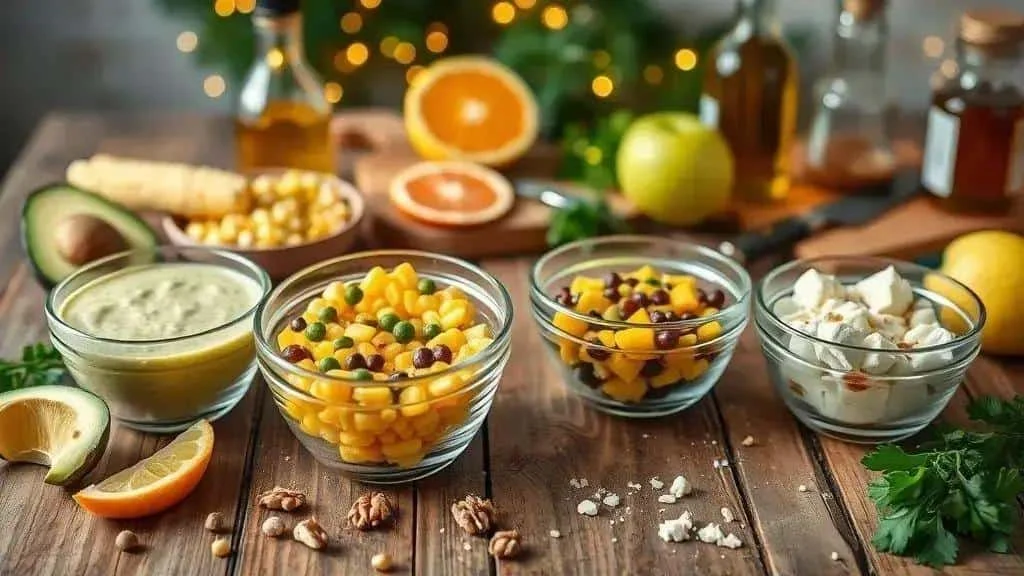 Different fruit vegetable and creamy salad variations