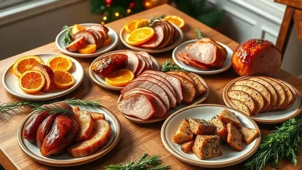 Different glazed ham portions with orange slices