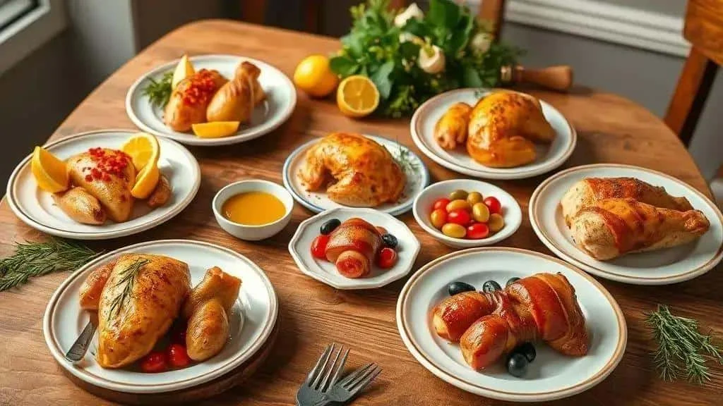 Different roast chicken portions and serving variations Different roast chicken portions and serving variations
