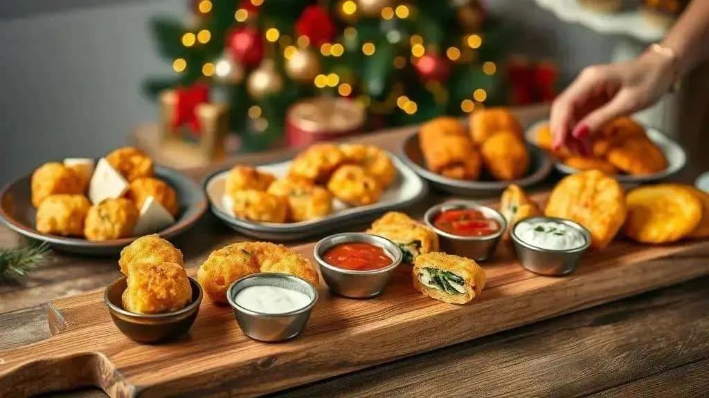 Different savoury fritters arranged with separate dips