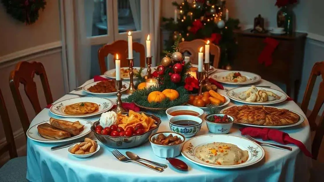 Dining table laid with several festive dishes