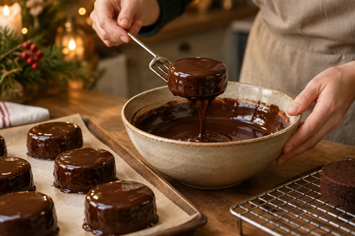 Dipping a Brazilian honey cake in melted chocolate Dipping a Brazilian honey cake in melted chocolate