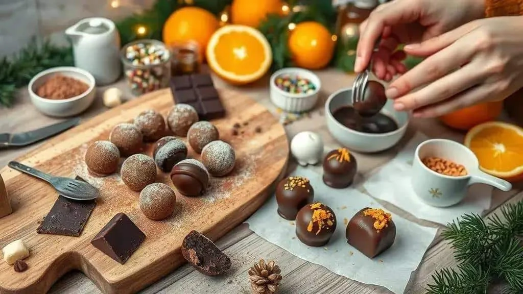 Dipping homemade chocolate truffles and adding decorations Dipping homemade chocolate truffles and adding decorations