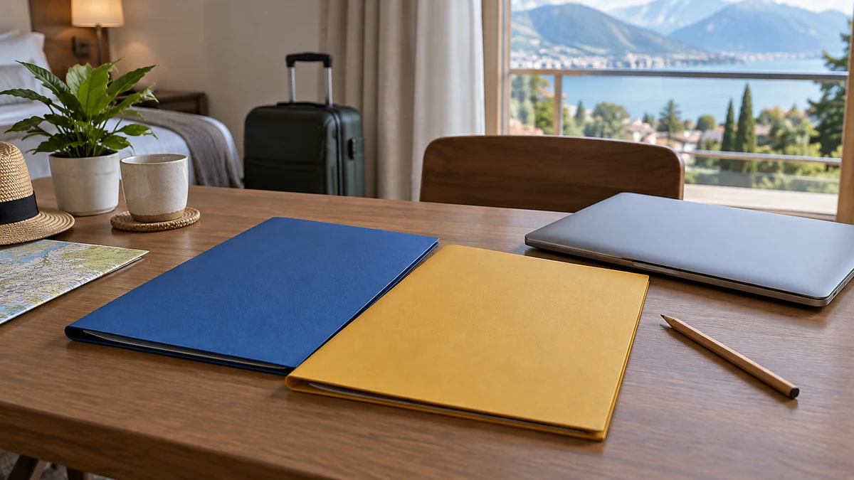 Document folders and a laptop for comparing travel cover