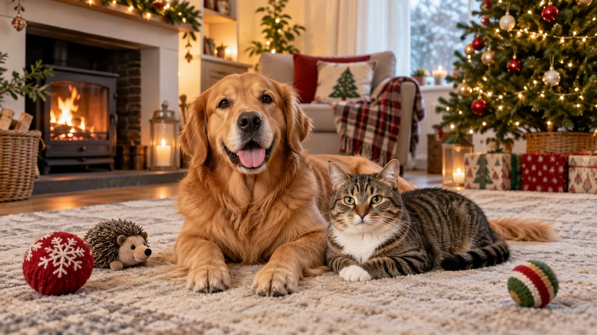 Dog and cat relaxing in a Christmas sitting room