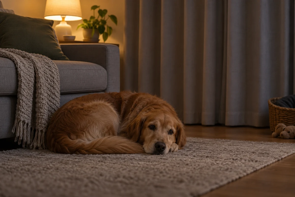 Dog resting in a quiet room with closed curtains