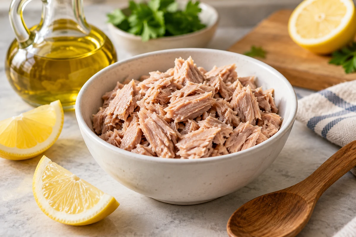 Drained tuna flakes with lemon and olive oil Drained tuna flakes with lemon and olive oil