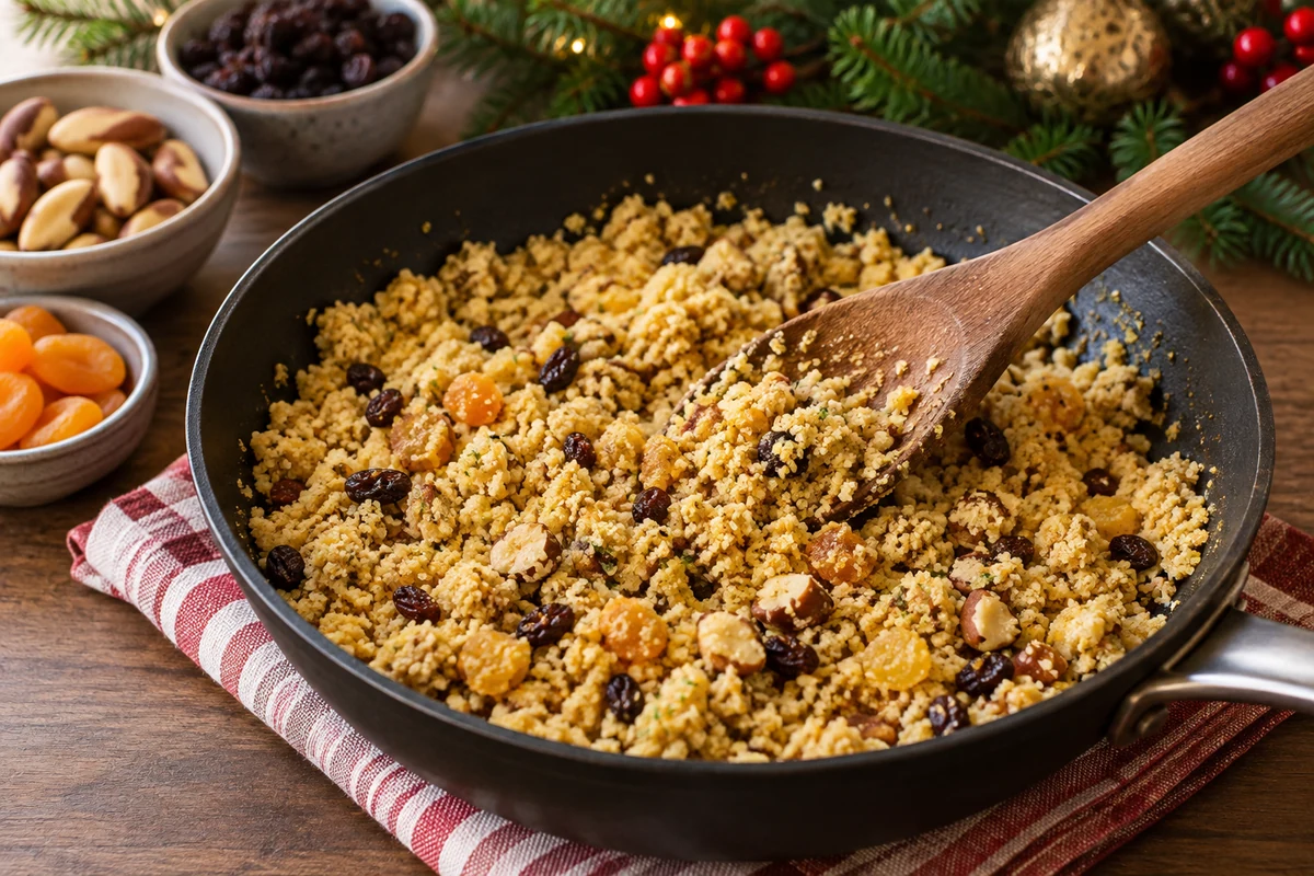 Dried fruit and nut farofa stirred with a wooden spoon in a frying pan