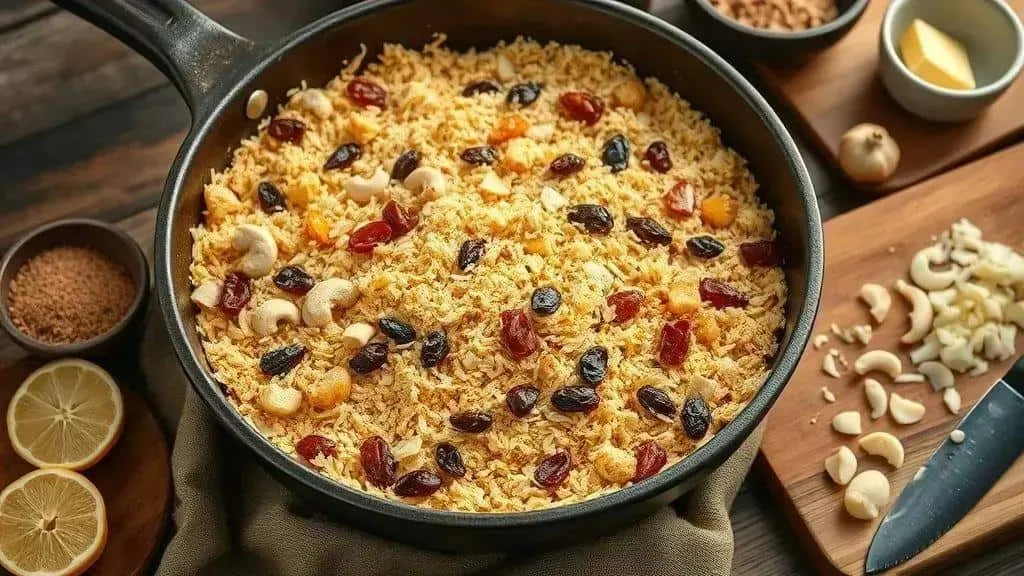 Dried fruit farofa cooking in a frying pan