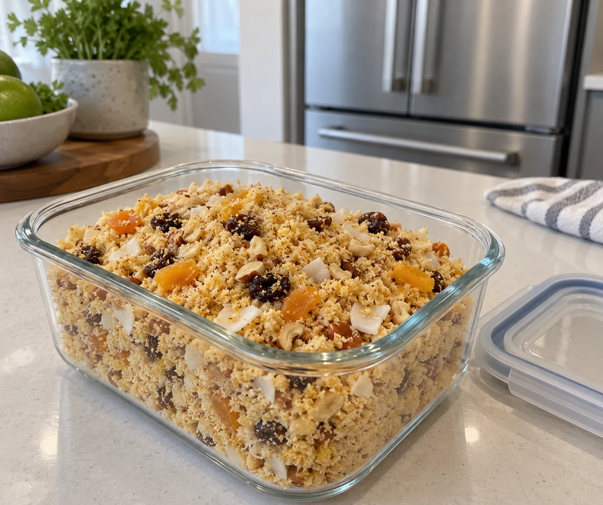 Dried fruit farofa in a shallow food storage container