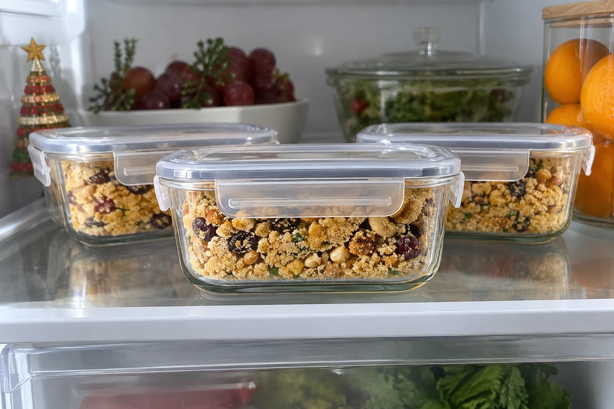 Dried fruit farofa in covered shallow containers in the fridge