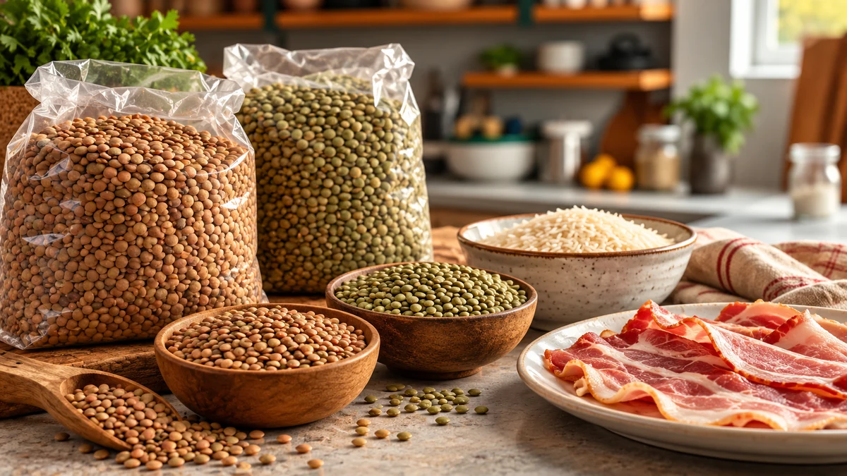 Dry brown and green lentils beside rice and bacon