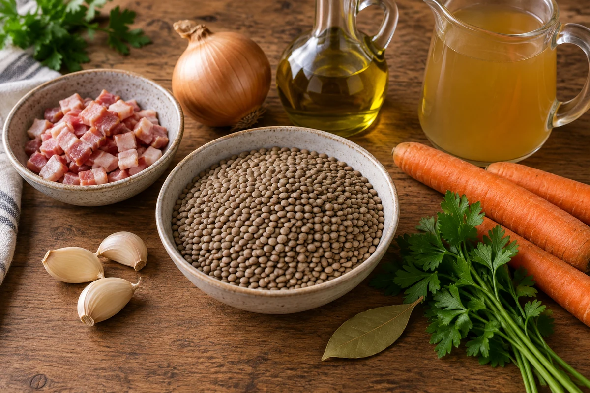 Dry lentils, bacon, carrot, onion and stock prepared for cooking