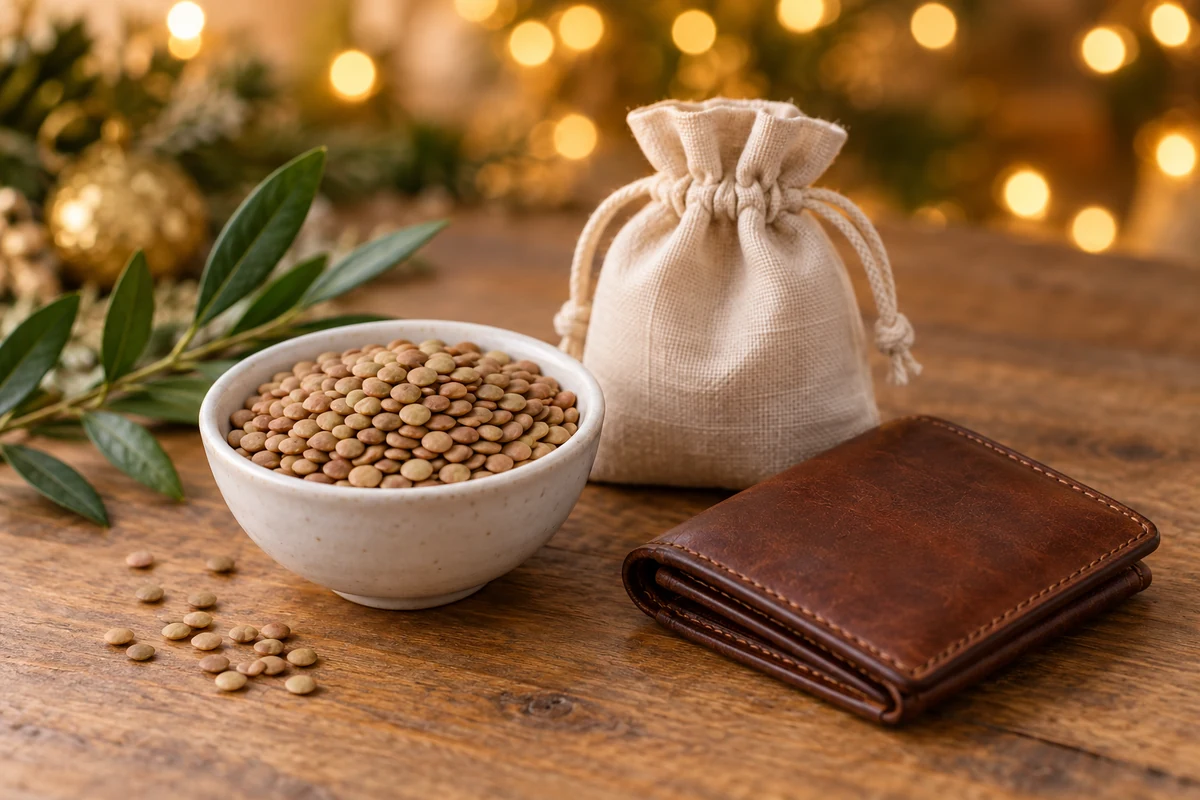 Dry lentils beside a linen pouch and closed wallet