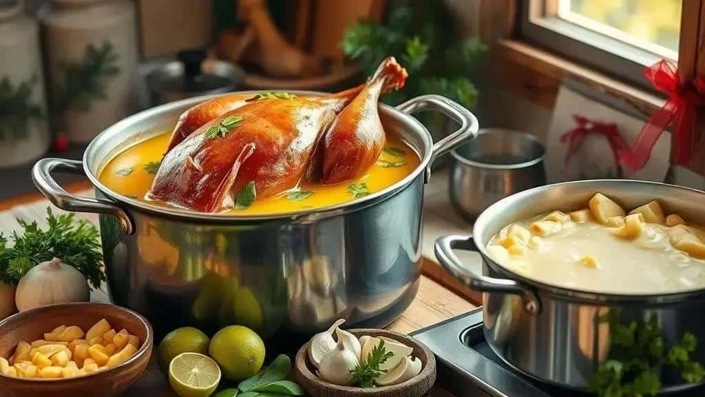 Duck cooking in a pan with herbs