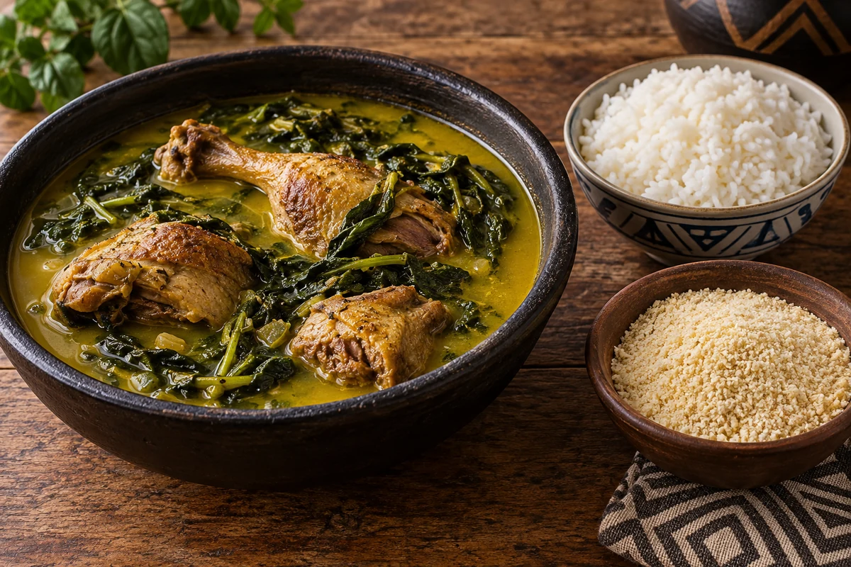 Duck in yellow broth with leafy greens, rice and cassava flour