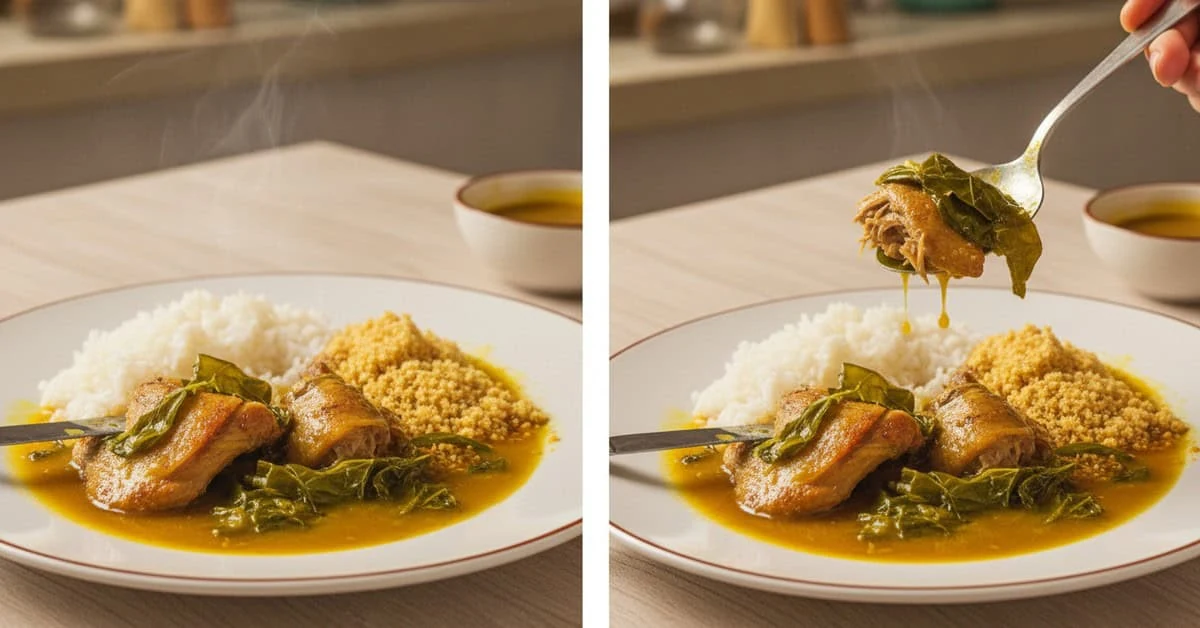 Duck in yellow sauce served with rice, greens and cassava flour