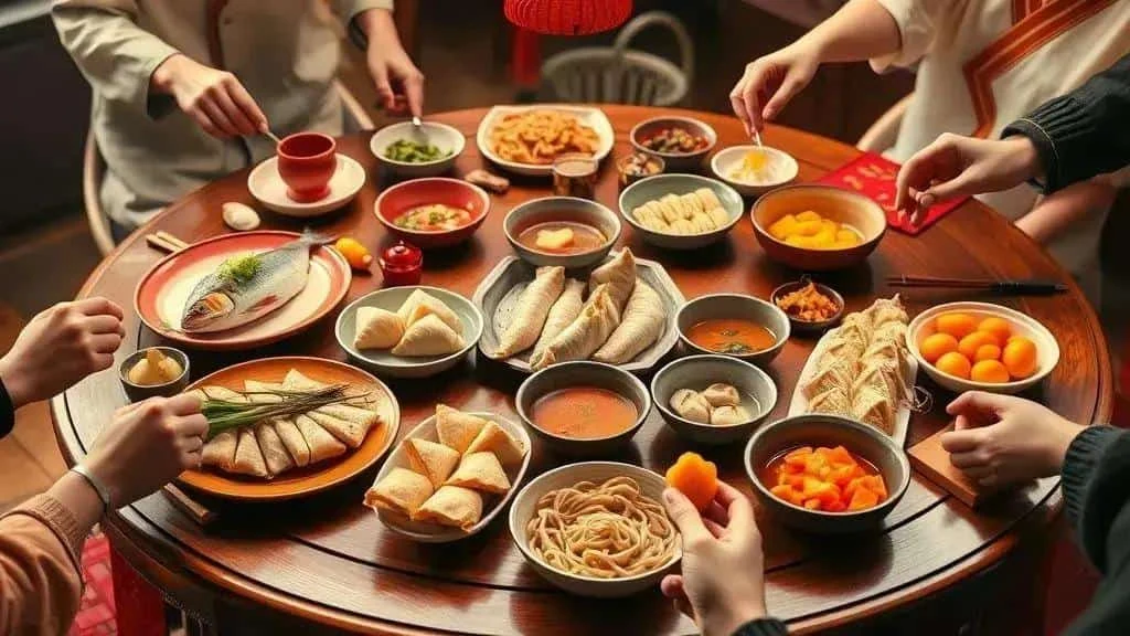 Dumplings fish noodles and oranges on a festive table Dumplings fish noodles and oranges on a festive table