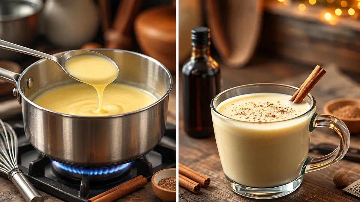 Eggnog custard cooking in a saucepan beside a finished mug