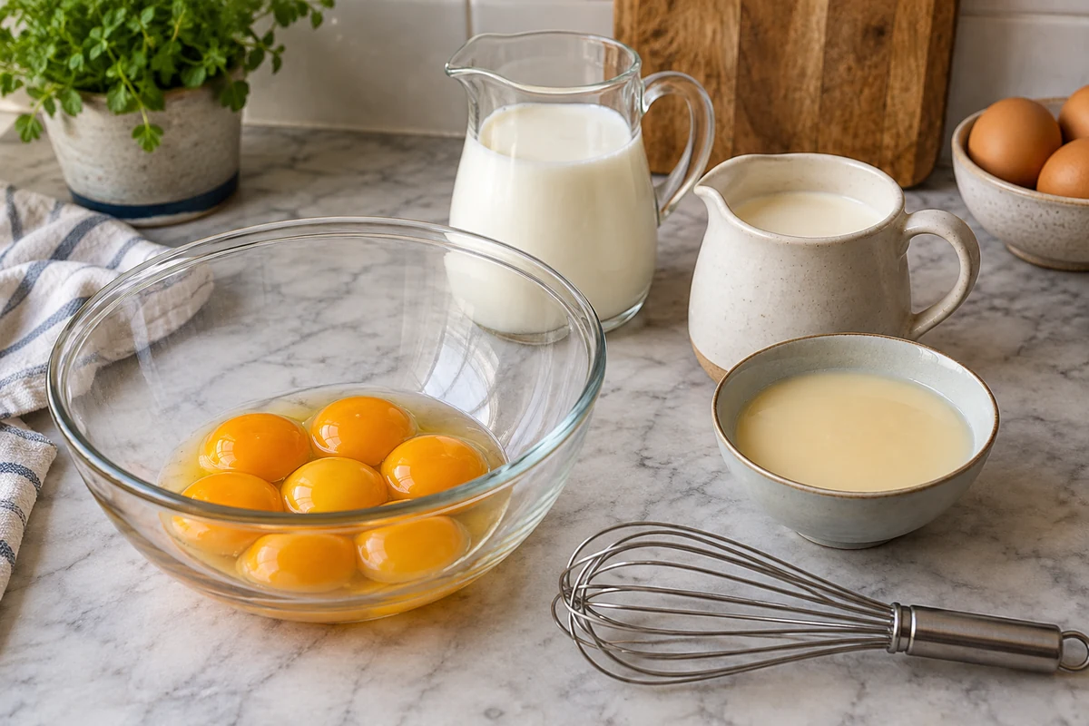 Eggnog ingredients measured in plain bowls and jugs Eggnog ingredients measured in plain bowls and jugs