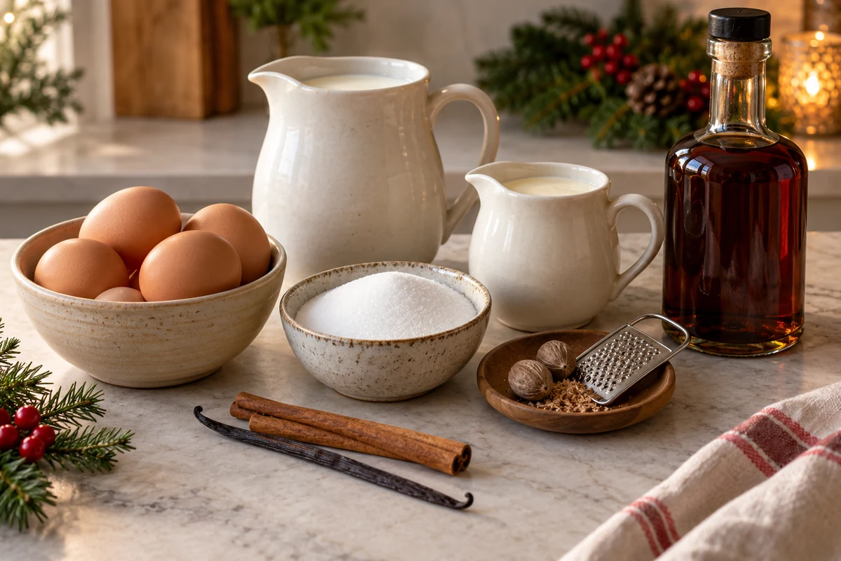 Eggs, milk, cream and spices for Christmas eggnog Eggs, milk, cream and spices for Christmas eggnog