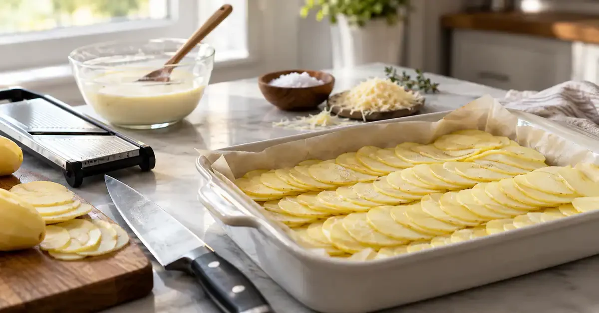 Even potato slices arranged for a gratin