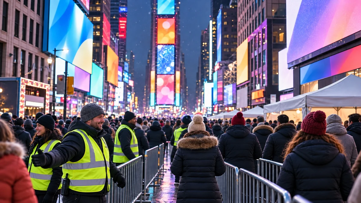 Event stewards and visitors in a conceptual New York viewing area Event stewards and visitors in a conceptual New York viewing area