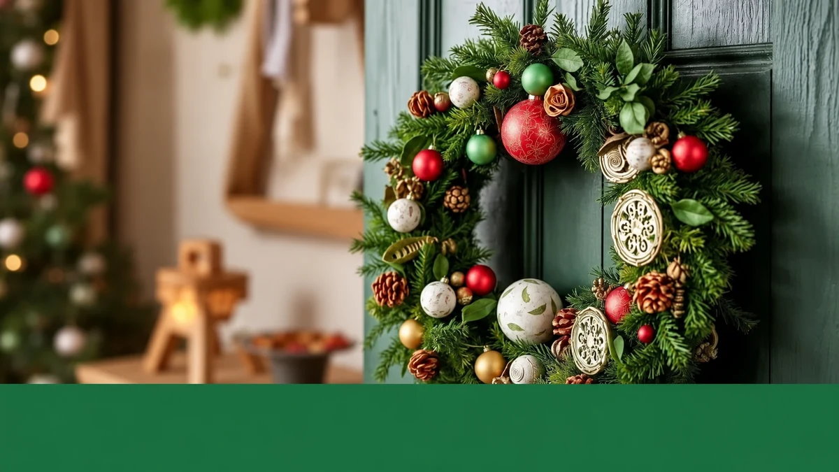 Evergreen wreath on a wooden door Evergreen wreath on a wooden door