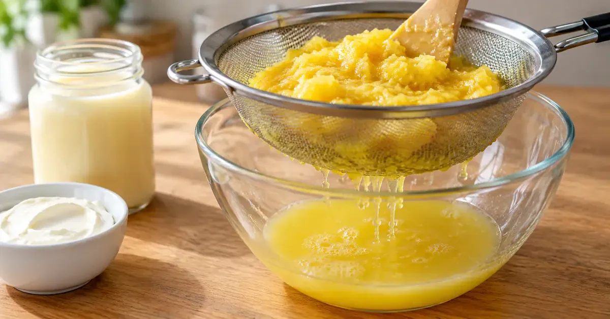 Excess juice draining from pineapple puree