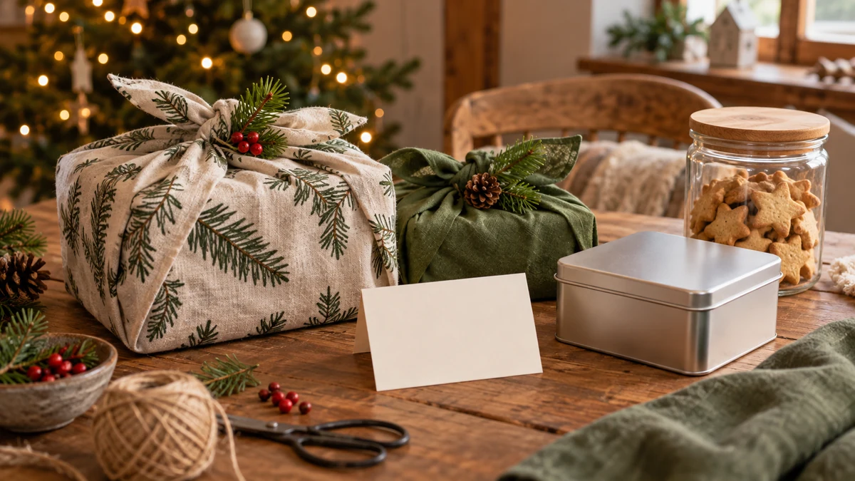 Fabric-wrapped gifts with a biscuit jar and reusable tin