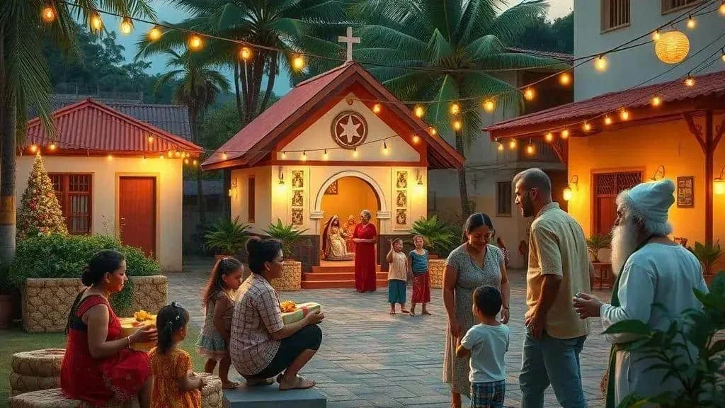 Families gathering outside a church at Christmas in a tropical setting Families gathering outside a church at Christmas in a tropical setting