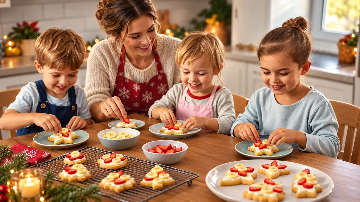 Family adding sliced fruit to Christmas biscuits