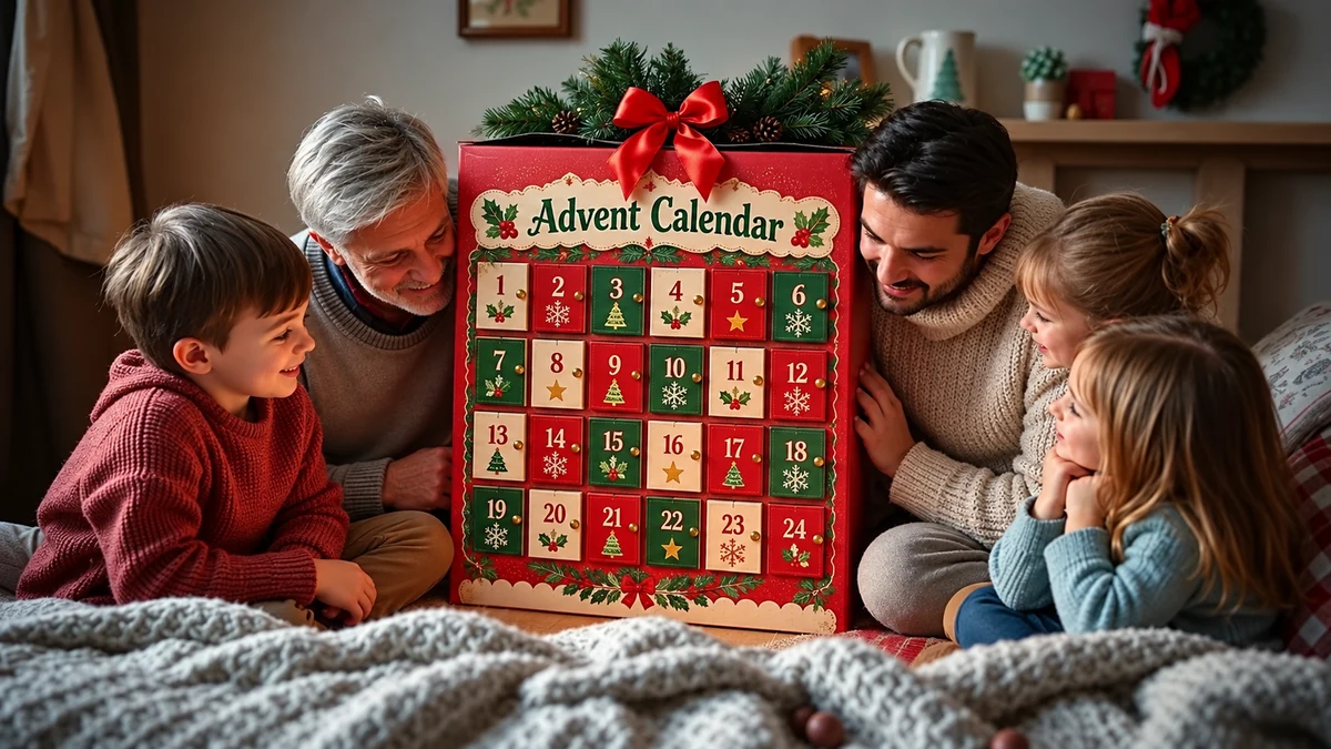 Family admiring an Advent calendar with 24 doors