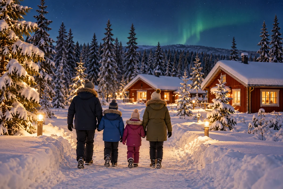 Family approaching warmly lit cabins on a snowy winter path