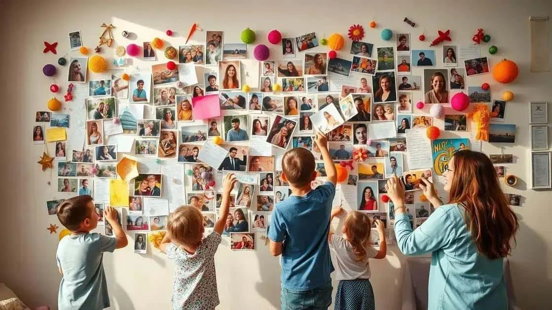 Family arranging a wall of photographs