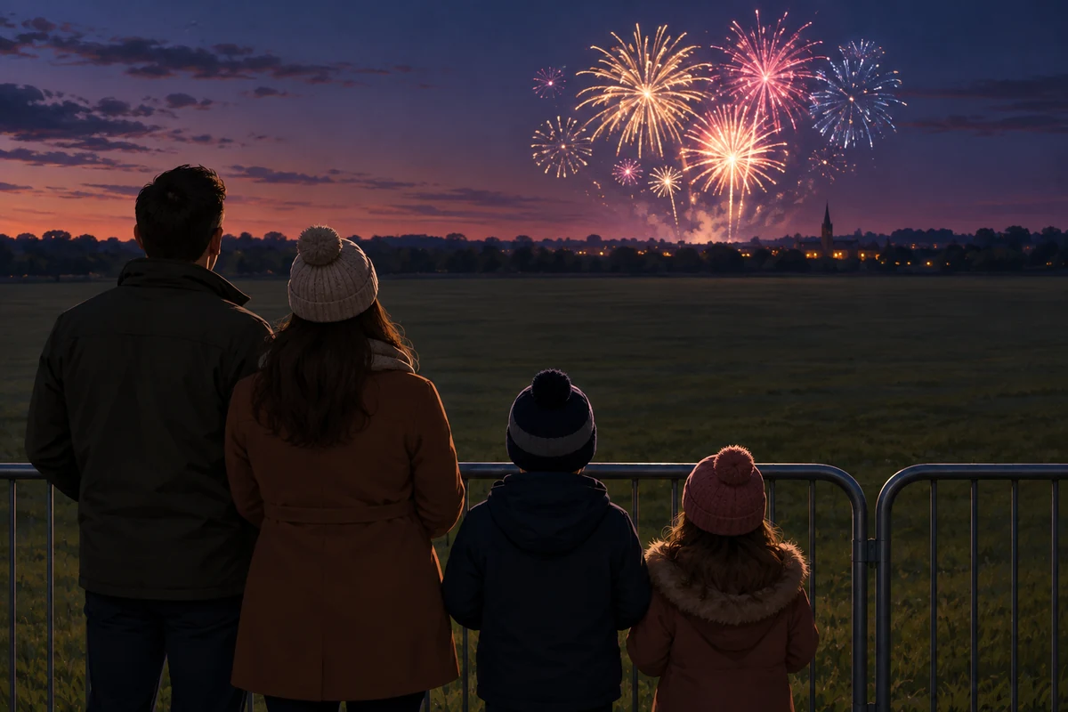 Family behind a barrier watching a distant fireworks display