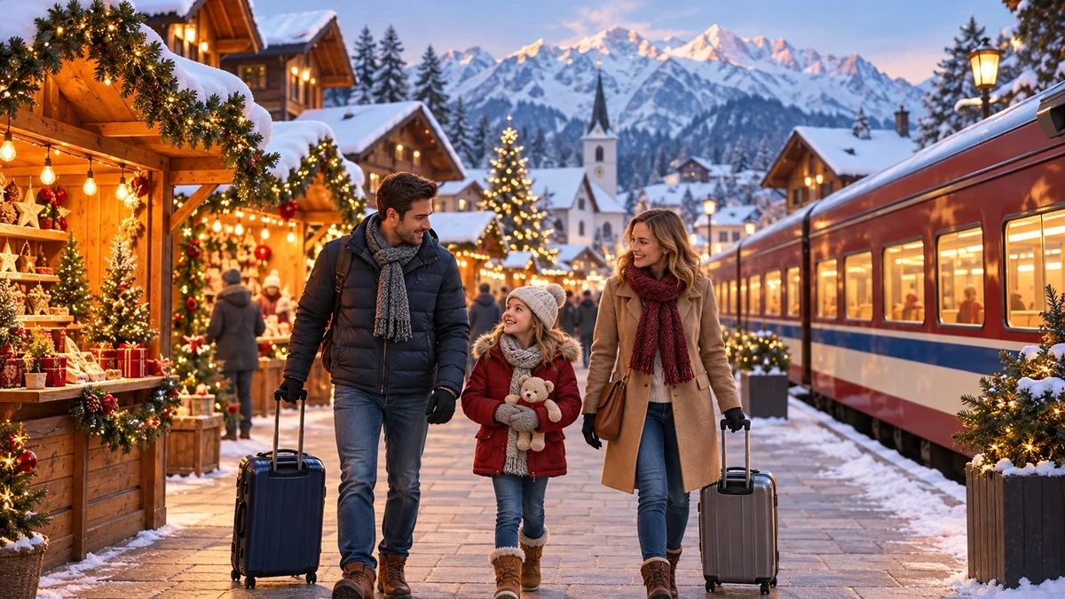 Family beside a passenger train in a snowy town Family beside a passenger train in a snowy town