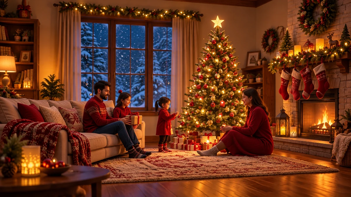 Family celebrating Christmas in a warm living room