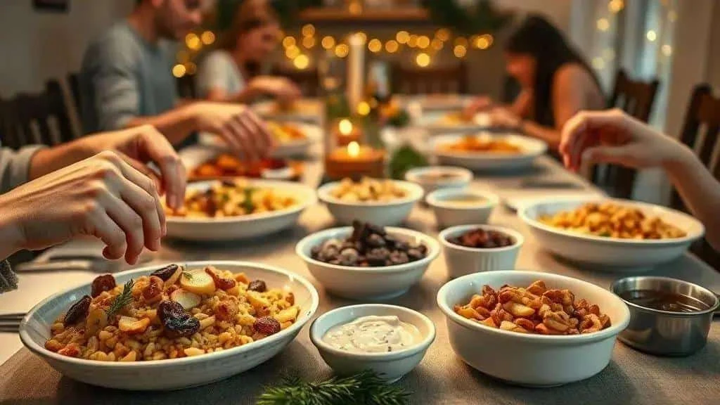 Family Christmas meal with optional accompaniments in separate bowls