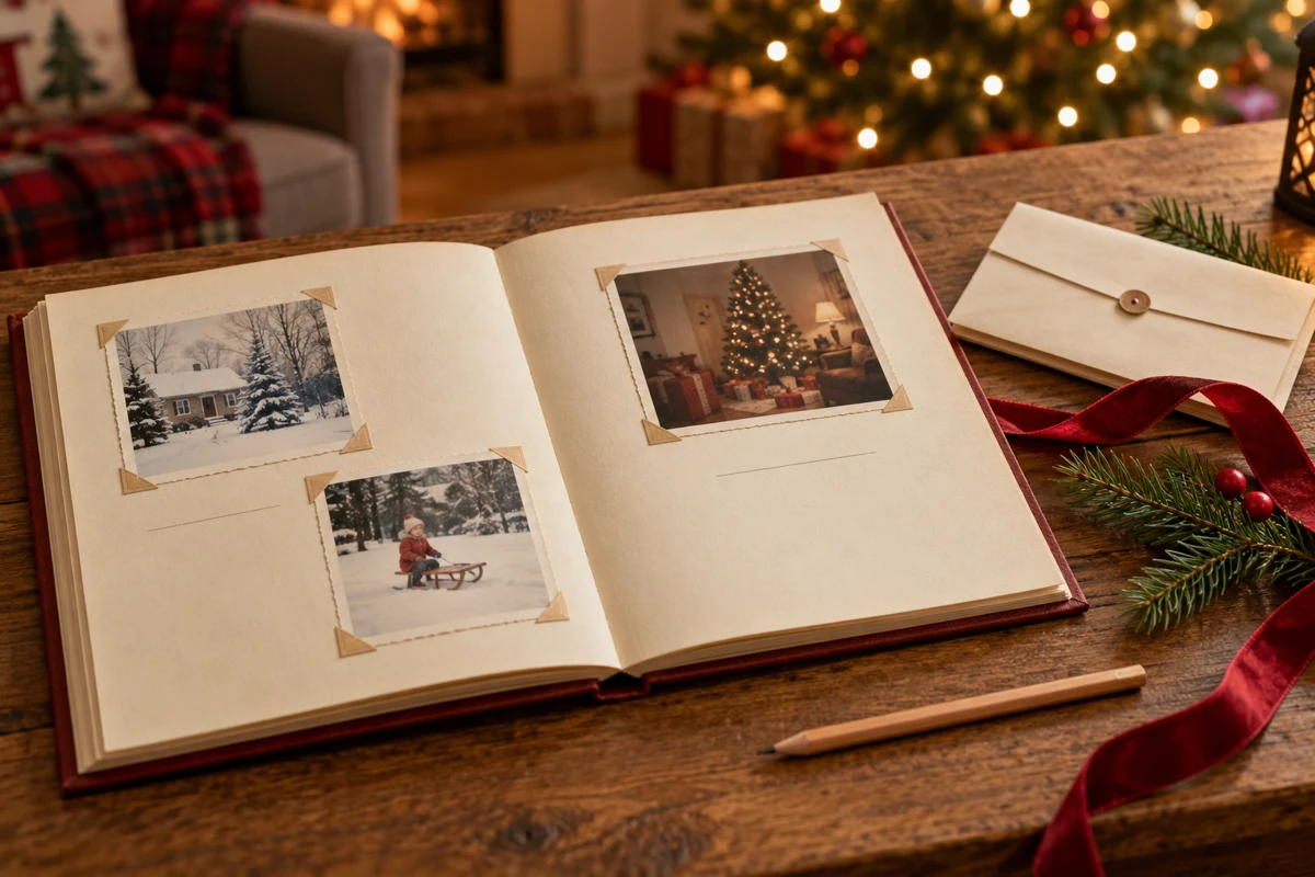 Christmas memory album on a table with ribbon and an envelope