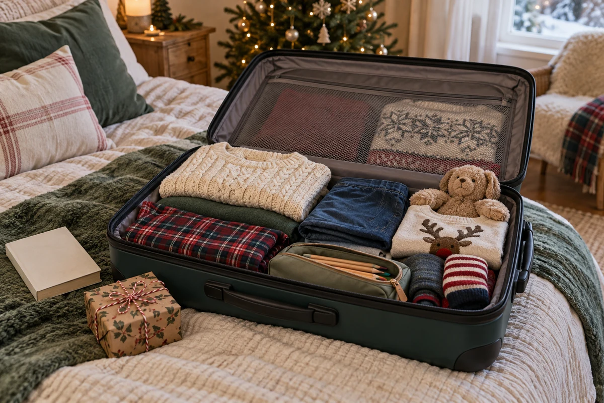 Family clothes and small gifts packed for Christmas travel