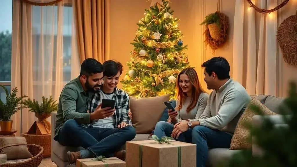 Family combining Christmas traditions and digital activities