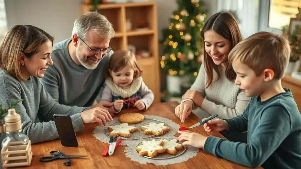 Family decorating Christmas biscuits together