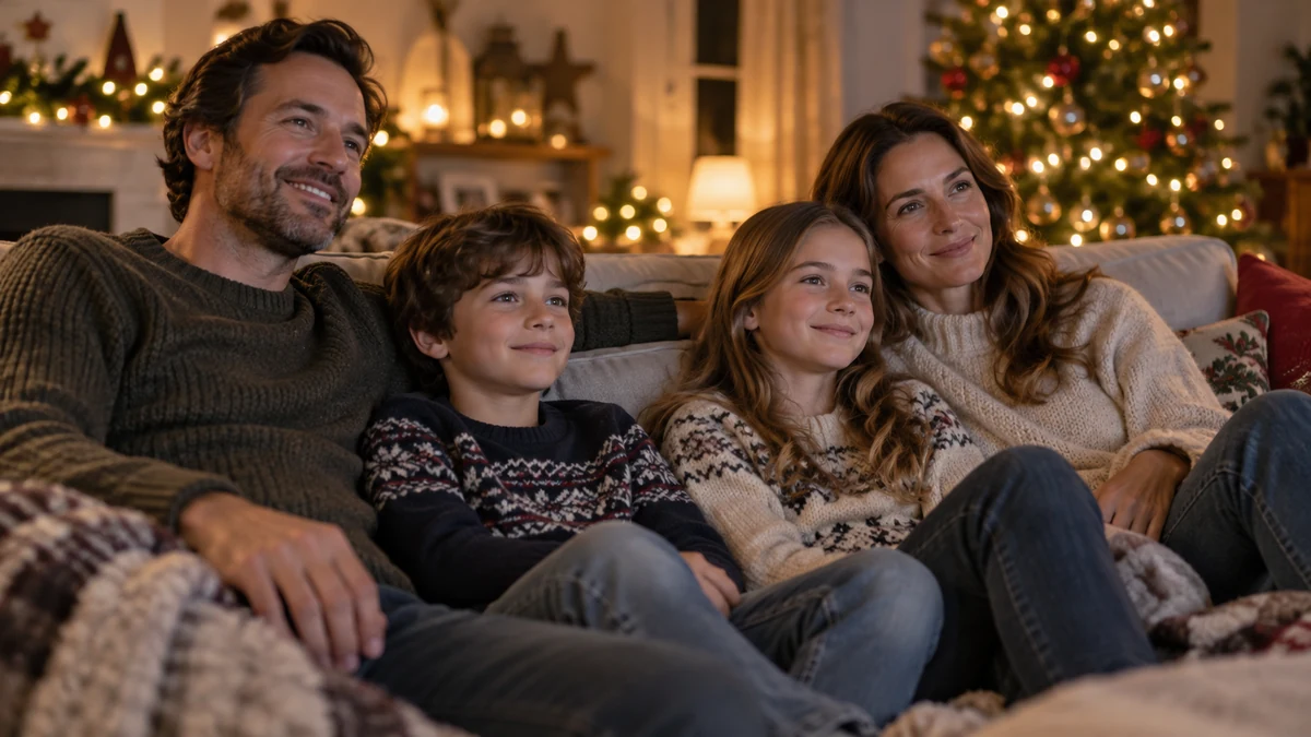 Family enjoying a Christmas film together